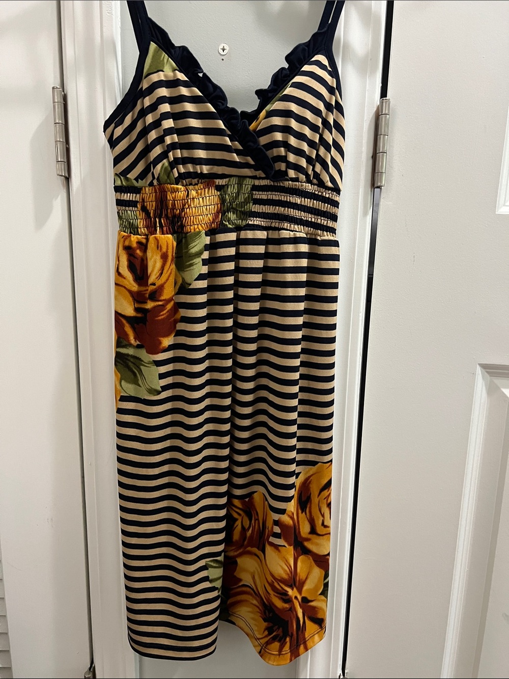 Sweet Storm Navy & Cream Striped Midi Dress with Yellow Floral Print Size S
